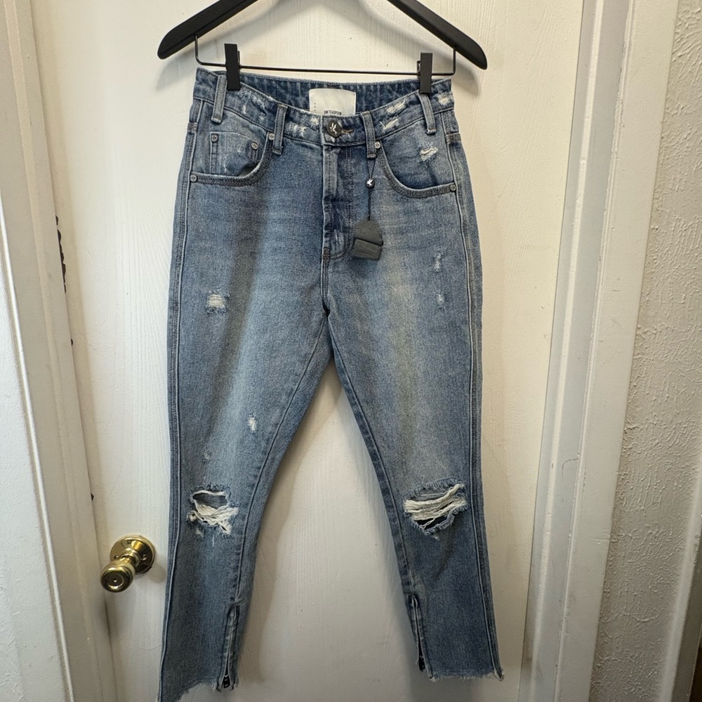 One Teaspoon Blue Cropped Ankle Jeans with Distressed Details
